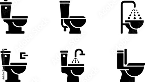 Six black toilet icons in different styles arranged on a white background in a sanitary setting