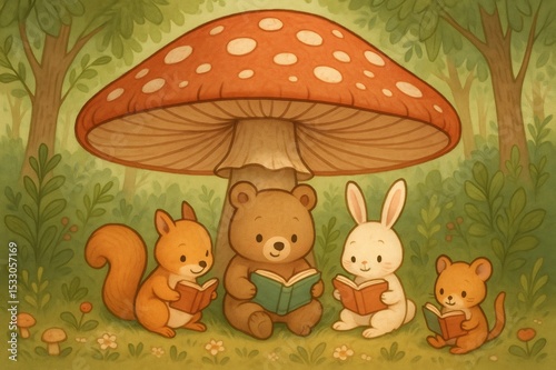 Cute animals reading books under a mushroom in a forest, enjoying a quiet moment of learning and imagination