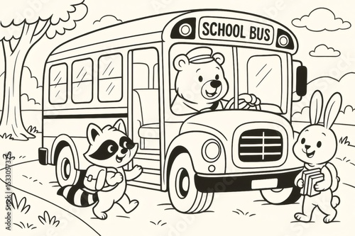 Black and white illustration of funny animals going to school by bus, perfect for children book coloring pages