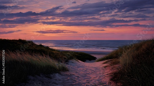 Golden sunset casting warm light over sandy dune beach with tranquil waves and serene coastal horizon view