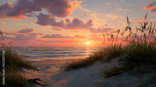 Golden sunset casting warm light over sandy dune beach with tranquil waves and serene coastal horizon view