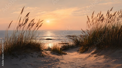 Golden sunset casting warm light over sandy dune beach with tranquil waves and serene coastal horizon view