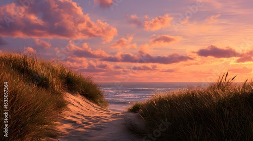Golden sunset casting warm light over sandy dune beach with tranquil waves and serene coastal horizon view