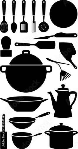 Silhouette illustration of various kitchen utensils and cookware on a light gray background