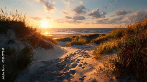 Golden sunset casting warm light over sandy dune beach with tranquil waves and serene coastal horizon view