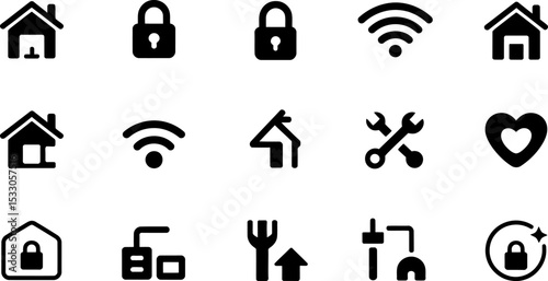 A collection of fifteen different black and white icons arranged in a grid pattern design