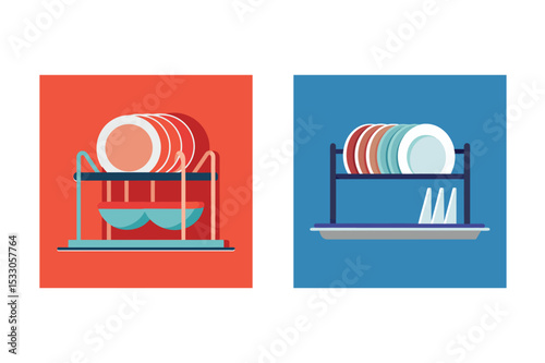 Illustration of colorful plates and dish rack in flat design style on red and blue backgrounds