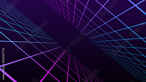 Abstract grid perspective with futuristic gradient colors and starry night sky background