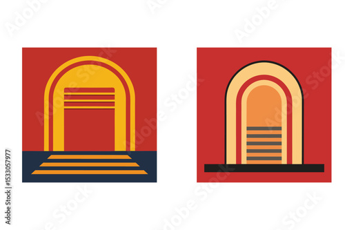 Abstract geometric archway designs in retro colors on red background two art prints
