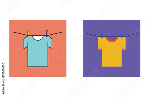 Two t-shirts hanging on a clothesline depicting laundry or a cleaning concept