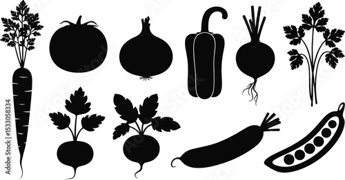 Black silhouettes of various vegetables including carrot tomato onion pepper and peas displayed