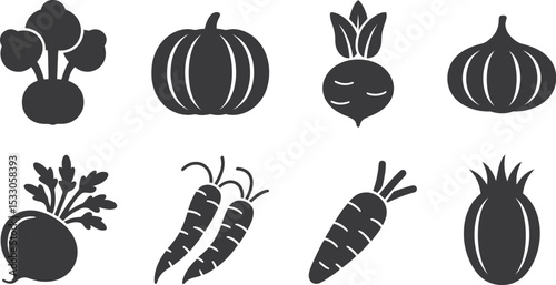Illustration of various root vegetables including beets carrots pumpkin and garlic on white background