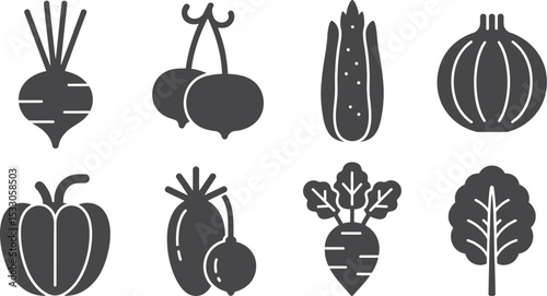 Illustration of eight different vegetables including beets corn onion and pepper in dark gray
