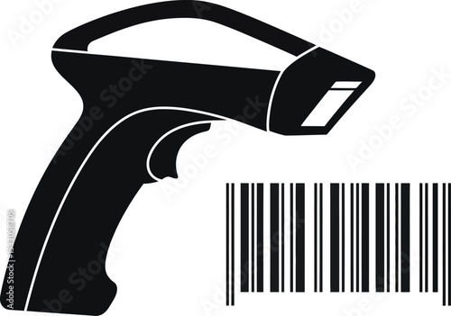 A black and white graphic of a barcode scanner pointed at a barcode for scanning items sold
