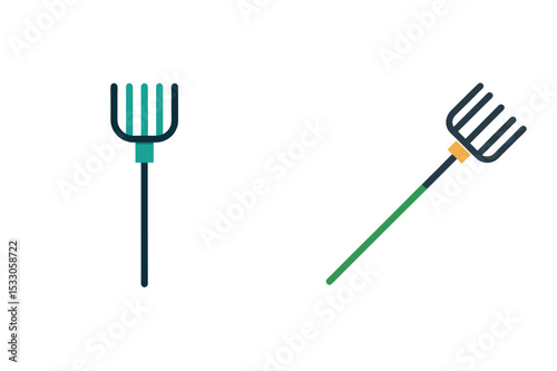Colorful vector illustration of two garden rakes in flat design style on white background