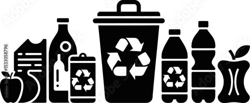 Illustration of recycling bin with bottles and apple cores in black and white vector image