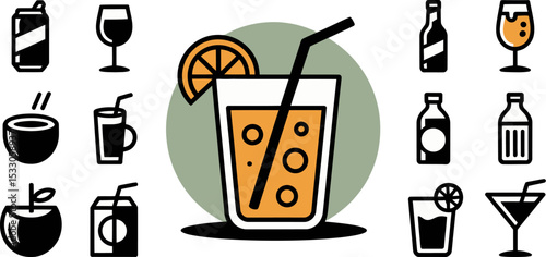 Graphic icons depicting various beverages including juice, wine, and other drinks on light background