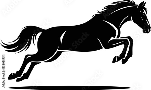 Silhouette illustration of a black horse leaping with a flowing mane and tail on light gray