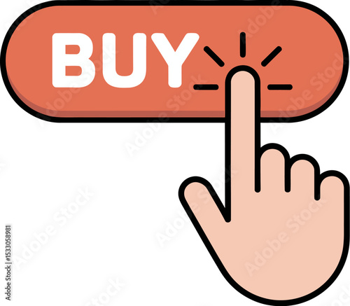 Illustration of a hand pressing a buy button on a light blue background with light effects