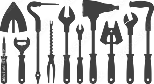 Silhouette illustration showcasing an assortment of various hand tools arranged in a linear fashion