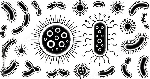 Illustration of various black and white bacteria and viruses on a light gray background