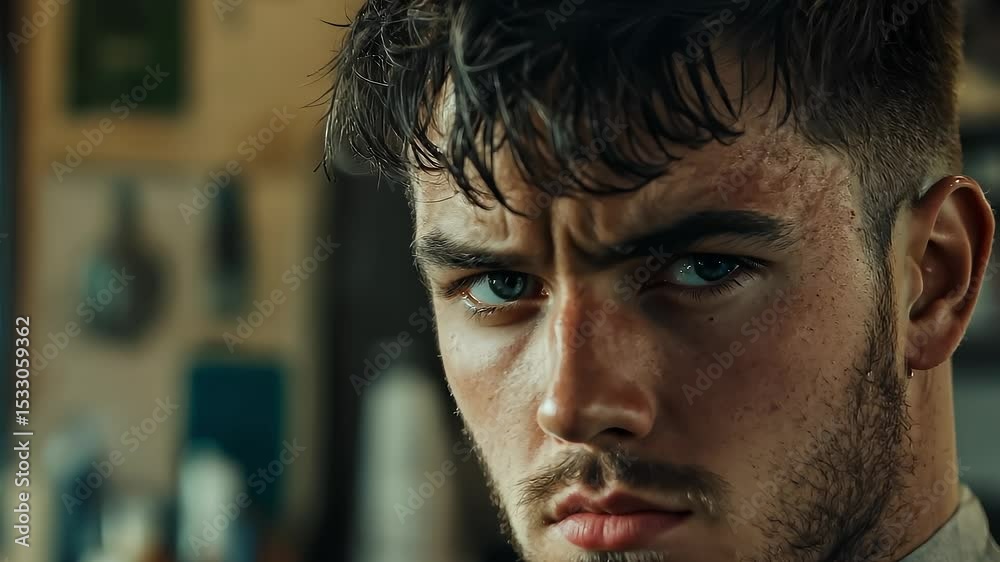Young Man's Barbershop Portrait Close-Up Focused Gaze