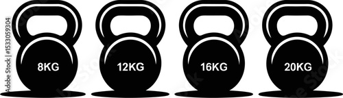 A minimalist illustration of four kettlebells with different weights on a light gray background