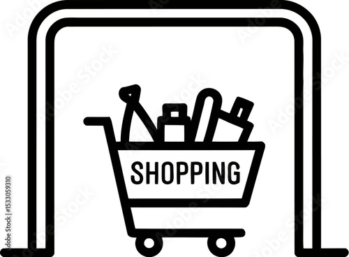 Illustration of a shopping cart filled with items under a simple archway design icon art