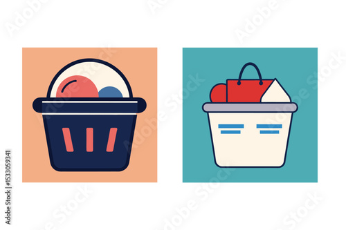 Two shopping baskets filled with different contents representing sales and purchases
