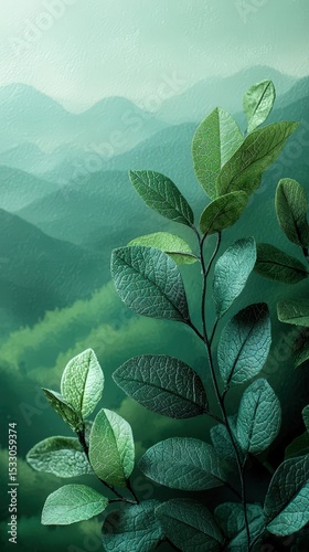 Green Leaves with Mountain Mist Background — Textured Botanical Illustration for Nature, Eco, and Wellness Themes