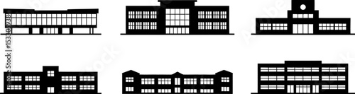 Six black building silhouettes arranged on a light gray background in a simple vector style