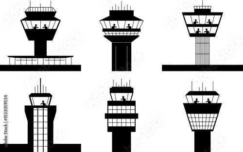Six black and white silhouettes of airport control towers with people inside the cabins