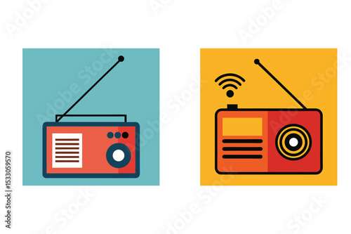 Vintage radio illustrations with different styles and colorful backgrounds for media design