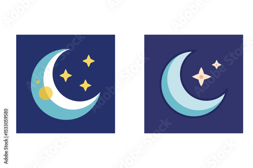Illustration of two crescent moons with stars in a dark blue night sky background