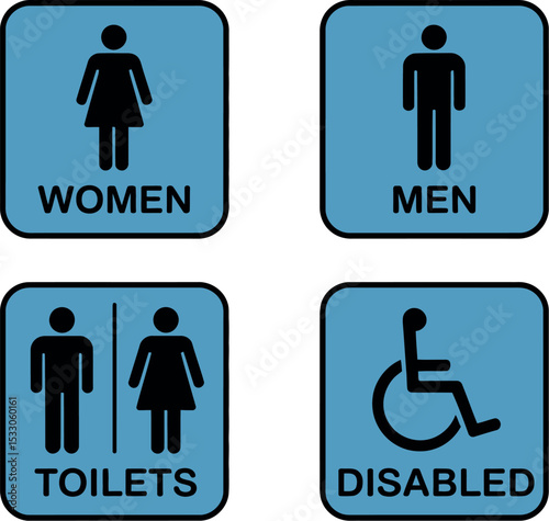 A collection of four blue and black restroom signs indicating women men toilets and disabled access