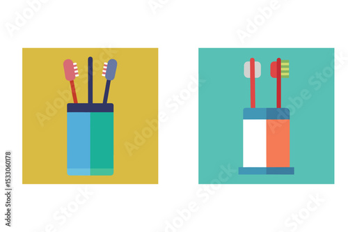 Colorful flat design illustrations of toothbrushes in holders representing dental hygiene