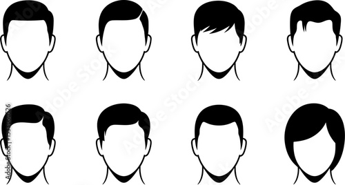 Illustration showing eight different faceless head silhouettes with varying hairstyles on gray background