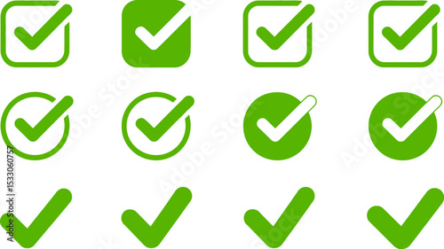 Collection of twelve green check mark icons in various shapes and styles on a white background