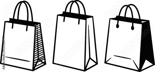 Three shopping bags in a row with different designs and styles in a simple black and white drawing
