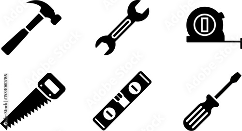 A collection of black and white tool icons including hammer wrench tape measure saw level screwdriver