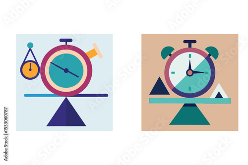 Conceptual illustration representing time management and balance visualized with clocks and scales for concepts.