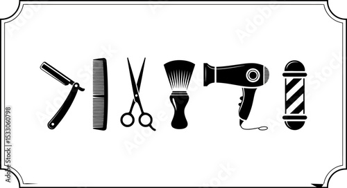 Illustration of barber tools including razor, comb, scissors, brush, dryer, and pole icon