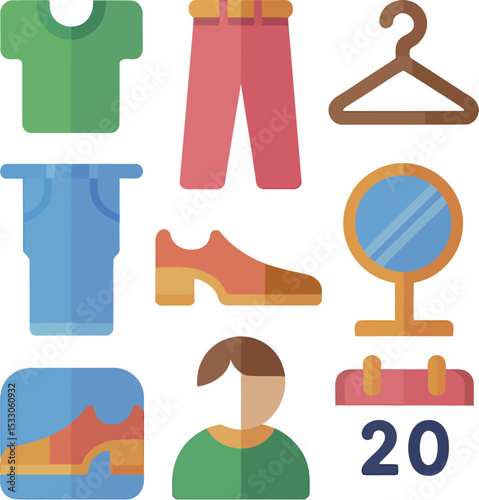 Flat design style illustration featuring clothing items and personal care objects on white background