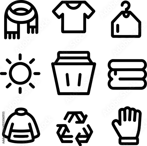 A collection of outlined icons depicting various clothing items and related symbols on white background