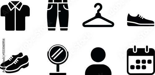 Illustration of clothing items and accessories including shirt pants shoes and calendar icon
