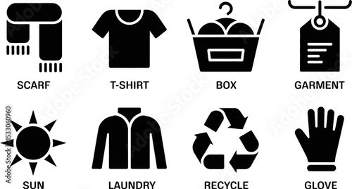 A set of black and white icons depicting various clothing items and related symbols on gray background