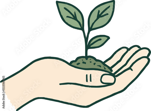 Hand gently cupping plant sprout in minimalist doodle style