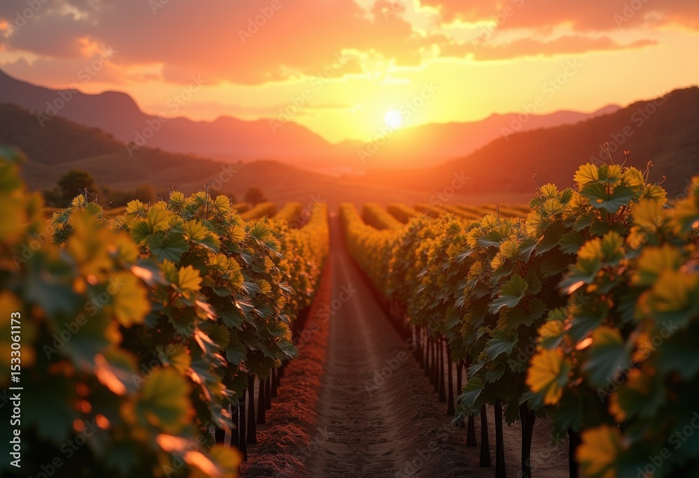 Naklejka premium vineyard sunset ripe grape clusters luscious landscape warm colors nature, grove, grapevine, fruit, wine, field, harvest, sky, clouds, scenery, agriculture