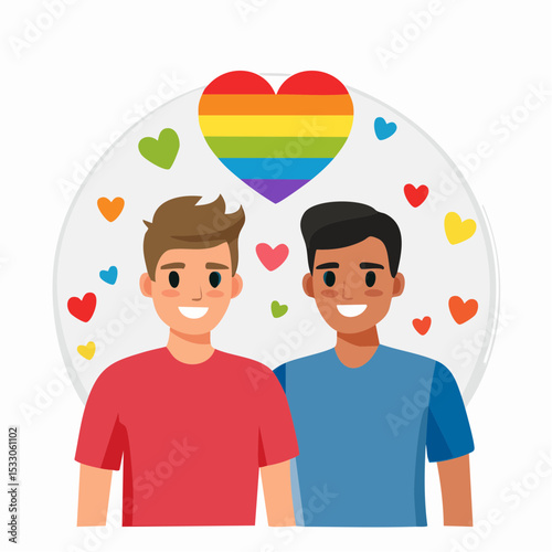 Portrait of two smiling people holding hands with a rainbow heart above, surrounded by colorful hearts, celebrating love and inclusivity during Pride Month