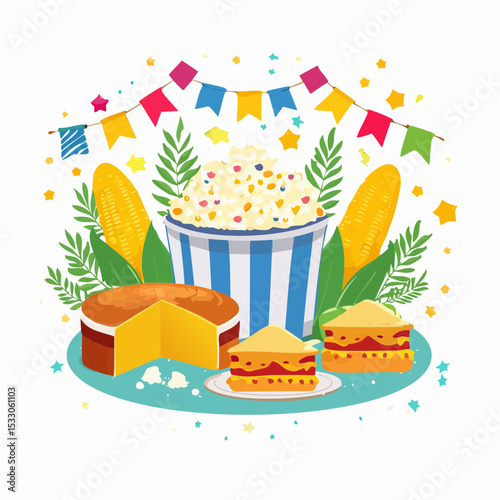 Colorful Brazilian Festa Junina food display featuring corn cake, popcorn, sweet corn, and traditional sweets, celebrating cultural festivities with vibrant decorations and joyful ambiance